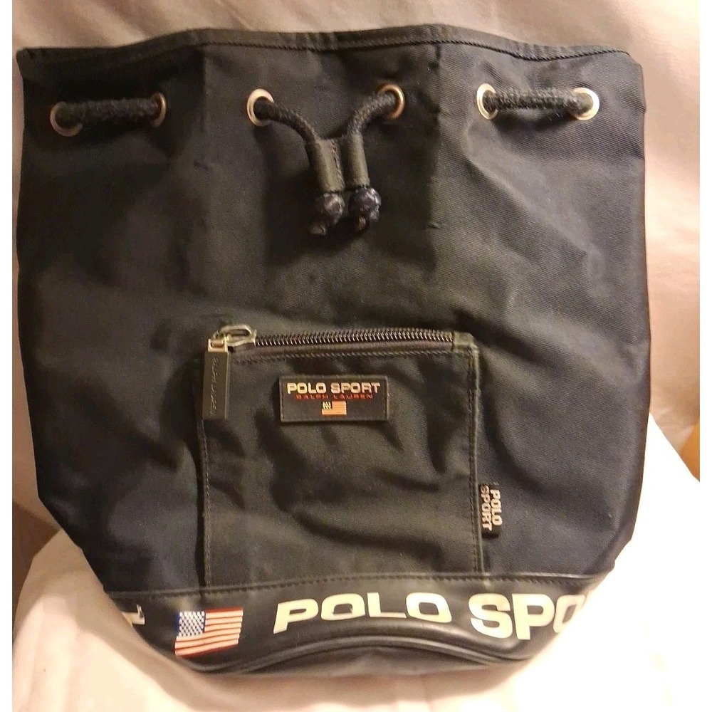 Polo Sport‎ Ralph Lauren Black Nylon Drawstring Backpack Bucket Bag Vintage - Picture 6 of 6